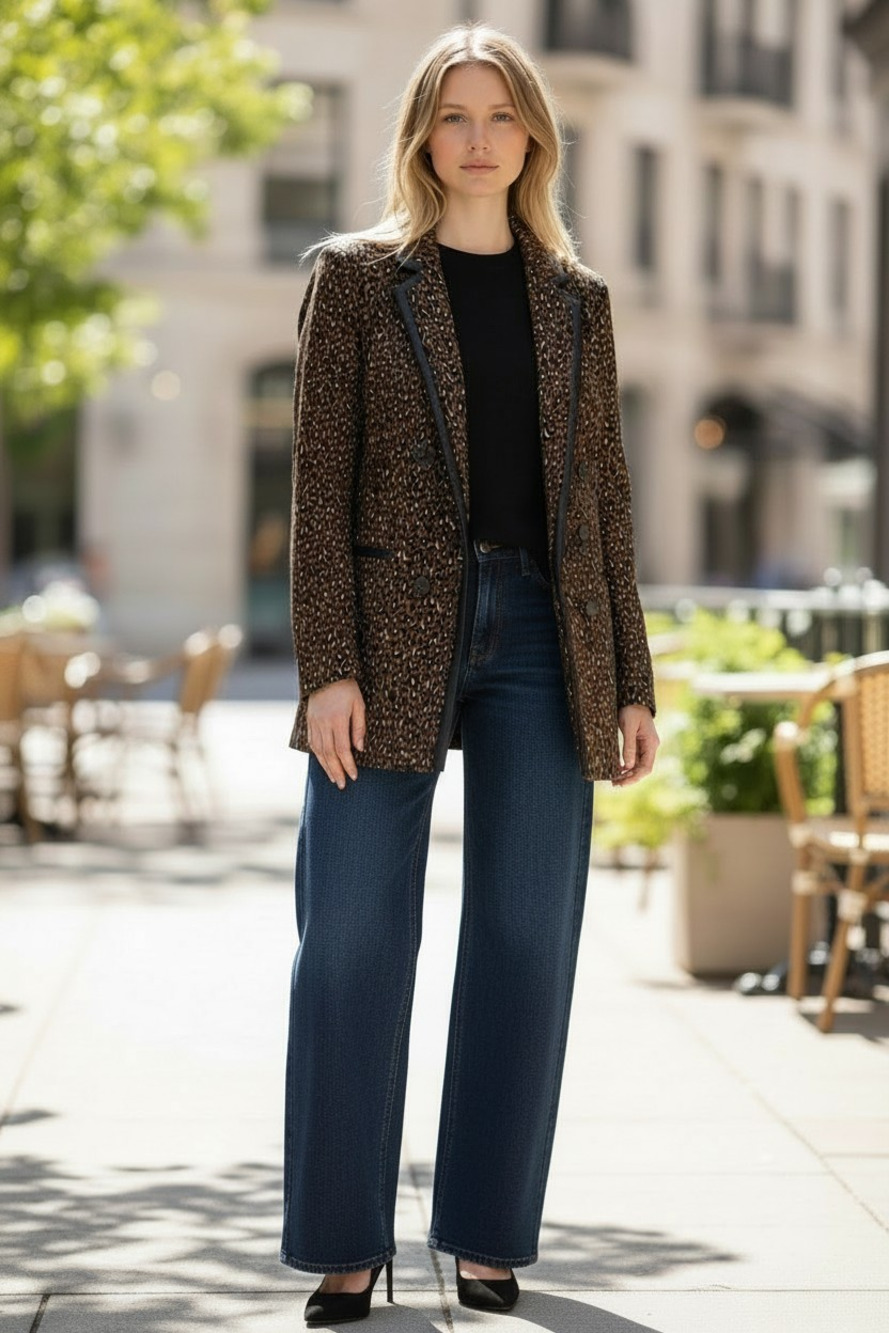 Anne Klein Leopard Print Satin Lapel Collar Blazer Jacket Brown Black Small